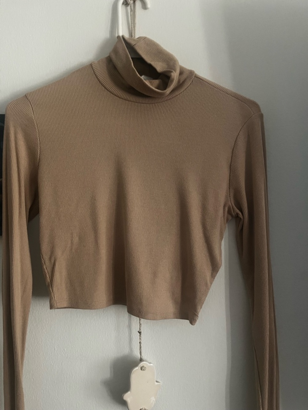 Full Tilt Ribbed Turtleneck Crop Top in Tan